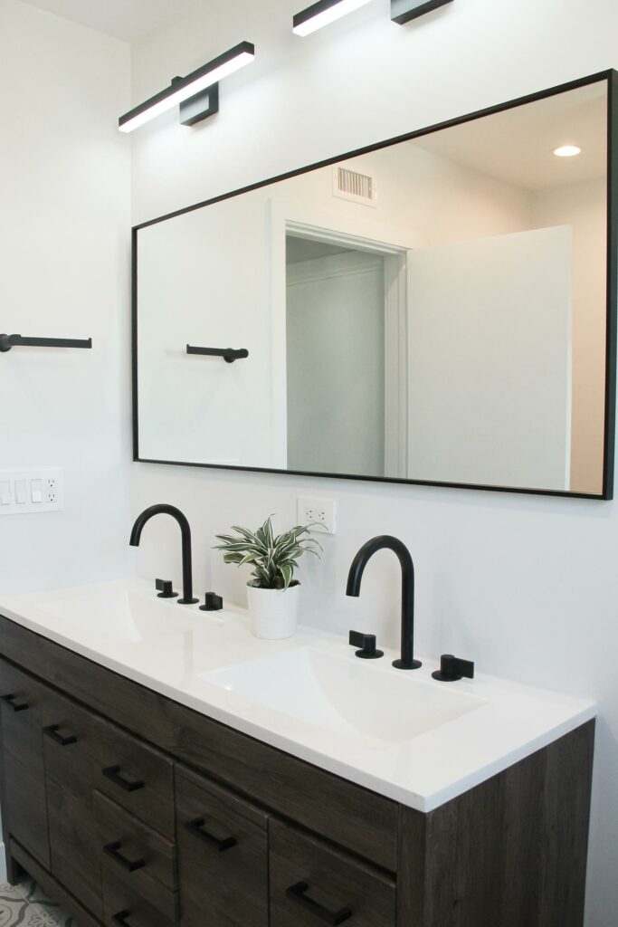 Modern double sink bathroom vanity with mirror and plant.