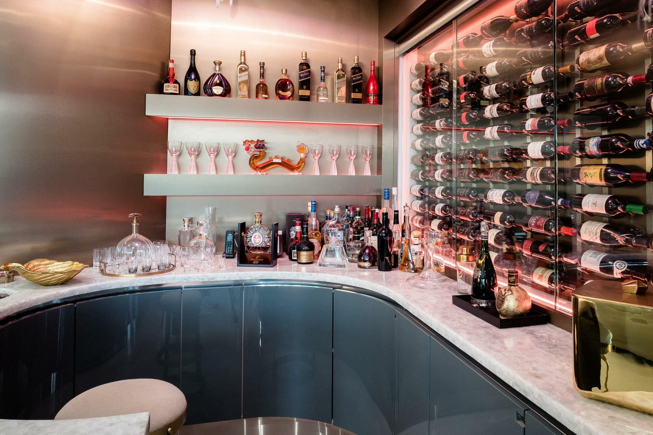 Elegant home bar with wine and spirits collection.